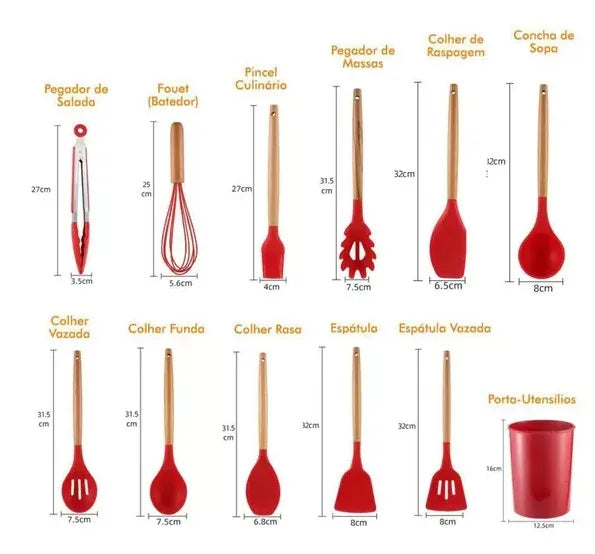 Kit 12 Peças Utensílios de Cozinha Silicone Livre de BPA Antiaderente com Suporte