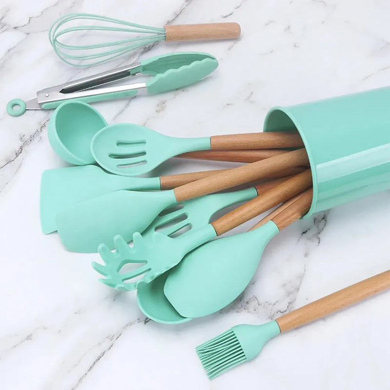 Kit 12 Peças Utensílios de Cozinha Silicone Livre de BPA Antiaderente com Suporte